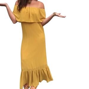 After Market Golden Ruffle Off Shoulder Maxi Dress, Size S New with Tag $88